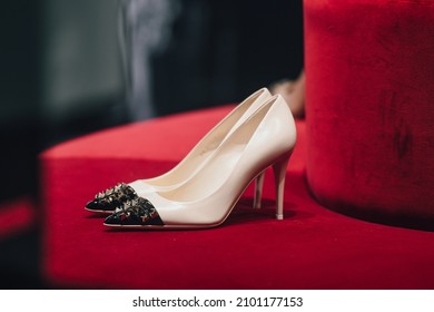 Milan, Italy - September 24, 2021: Valentino Luxury And Fashionable Shoes From New Collection 2022, Close Up Store Show Case