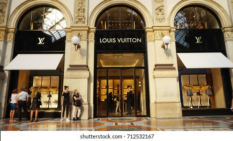 MILAN, ITALY - SEPTEMBER 7, 2017: Facade of Louis Vuitton store inside Galleria Vittorio Emanuele II the world's oldest shopping mall, Milan, Italy 