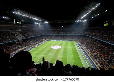 MILAN, ITALY-APRIL 10, 2007: Panoramic View Of The San Siro Stadium At Night Before The Start Of A UEFA Champions League Soccer Match.