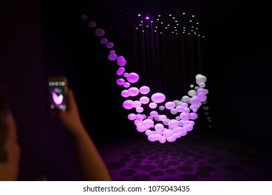 MILAN, ITALY-APRIL 17, 2018: Interior Lights Installation Displayed At Superstudio, Fuorii Salone, During The International Design Fair, Salone Del Mobile, In Milan.