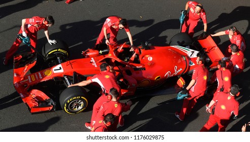 MILAN, ITALY-AUGUST 29, 2018: Top View Of The Ferrari Formula 1's Pit Stop Crew, During An Exhibition On A City Circuit Along The Darsena District, In Milan.