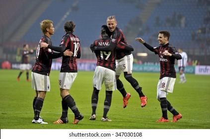 MILAN, ITALY-DECEMBER 01, 2015: AC Milan soccer players celebrating after a win score during the Italy Cup match at san siro stadium AC Milan vs Crotone, in Milan.