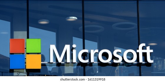 MILAN,  ITALY-JANUARY 09, 2020: Microsoft logo is seen on the new office building, in Milan.