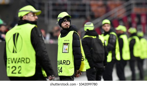 MILAN, ITALY-MARCH 08, 2018: Security Steward Staff At The San Siro Soccer Stadium At Night, During The UEFA League Match AC Milan Vs Arsenal, In Milan. 