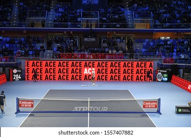 MILAN, ITALY-NOVEMBER 05, 2019: Digital Scoreboard Of The Indoor Tennis Court, Allianz Arena; During The Next Gen ATP Finals, In Milan.