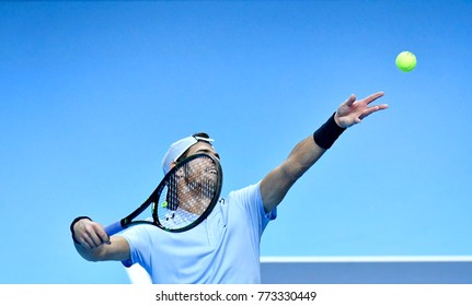 MILAN, ITALY-NOVEMBER 07, 2017: Russian Tennis Player, Karen Khachanov, Serving During The Professional Next Gen ATP Tournament, In Milan.