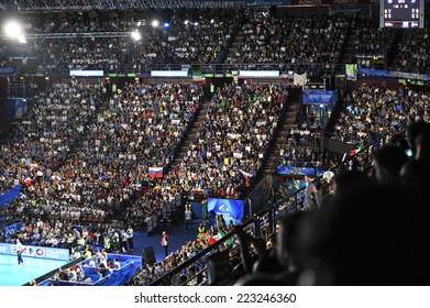 MILAN, ITALY-OCTOBER 10, 2014: Arena Crowd During The Indoor Female Volleyball Match Italy Vs Russia During The Volleyball World Cup, In Milan.