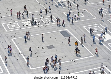 MILAN, ITALY-SEPTEMBER 06, 2018: top view of people walking on Duomo square, in Milan.