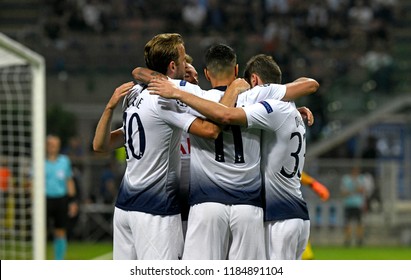 MILAN, ITALY-SEPTEMBER 18, 2018: Tottenham Hotspurs Soccer's Players Embrace After Score A Goal During The UEFA Champions League Match FC Internazionale Vs Tottenham Hotspurs At The San Siro Stadium, 