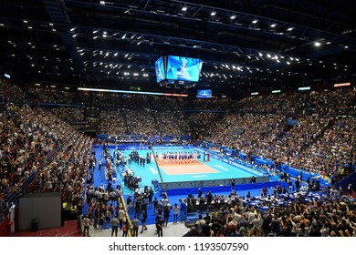 MILAN, ITALY-SEPTEMBER 21, 2018: Panoramic Top View Of The Indoor Sports Arena Forum, During The Volleyball Men's World Championship, In Milan.