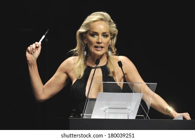 MILAN, ITALY-SEPTEMBER 22, 2012: Actress Sharon Stone, Charity Auctioneer For AmFar, The Foundation For AIDS Research, During The Fashion Week In Milan.