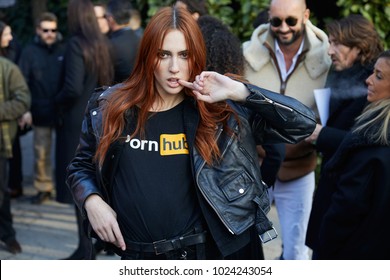 MILAN - JANUARY 14: Top model Teddy Quinlivan with Pornhub shirt after Dsquared 2 fashion show, Milan Fashion Week street style on January 14, 2018 in Milan.