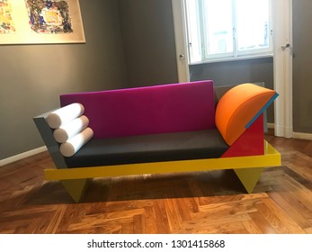 Milan, Lombardia / Italy - November 25 2018: Furniture Created By The Memphis Group And Displayed In The Milan Office. Memphis Is A Great Cultural Phenomenon Of The '80s. 