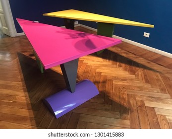 Milan, Lombardia / Italy - November 25 2018: Furniture Created By The Memphis Group And Displayed In The Milan Office. Memphis Is A Great Cultural Phenomenon Of The '80s. 