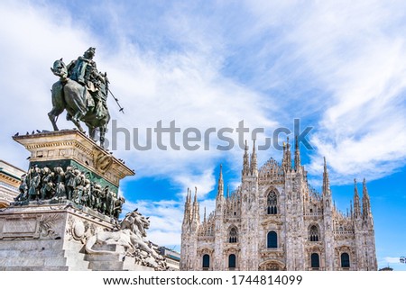 Milan, Lombardy, Italy: Skyline of the duomo, cathedral of Milan and the statue of King Victor Emmanuel II of Italy in Piazza del Duomo
