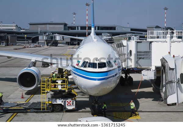 Milan Malpensa Airport, Italy.
March 28, 2019. Kuwait Airways aircraft on the airport apron    
