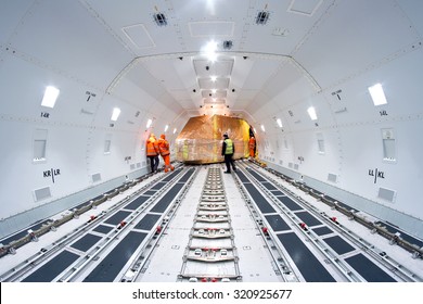 MILAN MALPENSA, ITALY - JANUARY 21, 2014 - Interiors Of Freight Aircraft, A Boeing 747-800 Of Air Bridge Cargo