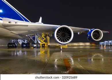 MILAN MALPENSA, ITALY - JANUARY 21, 2014 - Huge Engines Of A Boeing 747-800 Freight Air Bridge Cargo