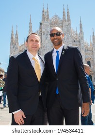 MILAN - MAY 15: David Blatt And Devin Smith Of Maccabi Electra Tel-Aviv Attend The Opening Press Conference Of The Turkish Airlines Euroleague Final Four At Piazza Duomo On May 15, 2014.