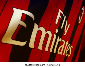 MILAN - NOV 23: Fly Emirates Sign Written On AC Milan Shirt, November 23, 2013 In Milan. Emirates Operates Nearly 3,400 Flights Per Week.