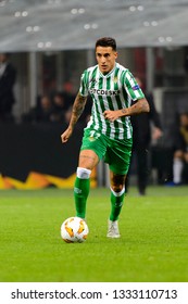 MILAN - OCT 25, 2018: Cristian Tello 11 Controls The Ball. AC Milan - Betis. UEFA Europe League. Giuseppe Meazza Stadium.