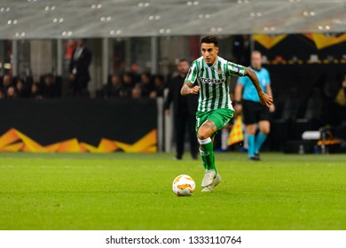 MILAN - OCT 25, 2018: Cristian Tello 11 Controls The Ball. AC Milan - Betis. UEFA Europe League. Giuseppe Meazza Stadium.