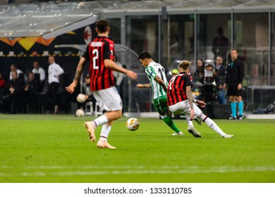 MILAN - OCT 25, 2018: Cristian Tello 11 Controls The Ball. AC Milan - Betis. UEFA Europe League. Giuseppe Meazza Stadium.