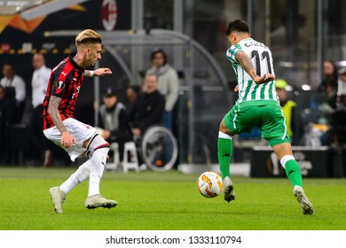 MILAN - OCT 25, 2018: Cristian Tello 11 Controls The Ball. AC Milan - Betis. UEFA Europe League. Giuseppe Meazza Stadium.