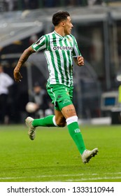 MILAN - OCT 25, 2018: Cristian Tello 11 Controls The Ball. AC Milan - Betis. UEFA Europe League. Giuseppe Meazza Stadium.