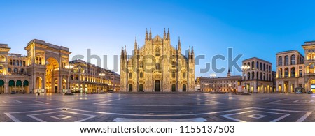 Milan panorama city skyline sunrise at Milano Duomo Cathedral, Milan Italy