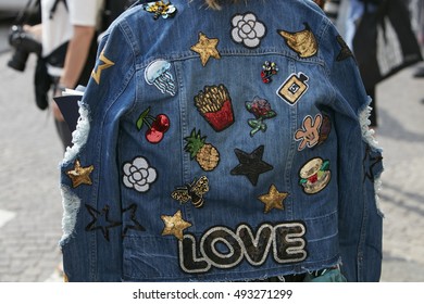 MILAN - SEPTEMBER 23: Woman With Blue Jeans Jacket With Love Writing Before Giamba Fashion Show, Milan Fashion Week Street Style On September 23, 2016 In Milan.