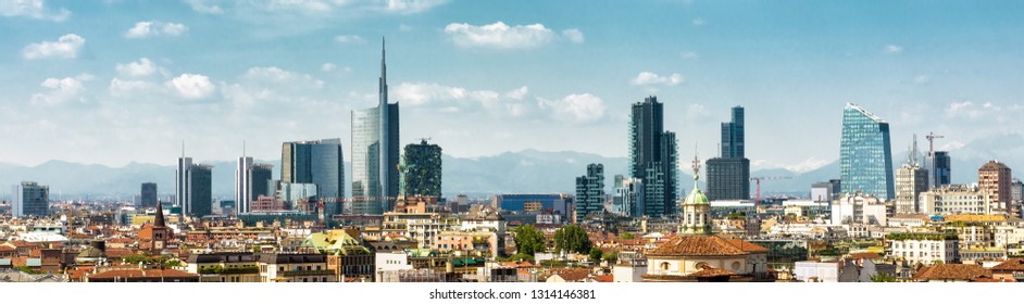 Milan skyline, Italy. Panorama of Milano city with the Porto Nuovo business district. Panoramic view of Milan in summer from above. Cityscape of Milan with the tall modern buildings.