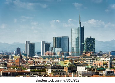 Milan Skyline With Modern Skyscrapers In Porto Nuovo Business District, Italy. Panorama Of Milano City For Background. Summer Panoramic View Of Milan From Above. Architecture And Cityscape Of Milan.