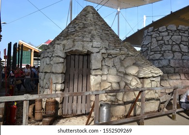 Milan/Italy - October 26, 2015: Imitation Of Italian Traditional Alpine Farmer Hut Made Of Stones By Dante Ferretti At The EXPO Milano 2015. 