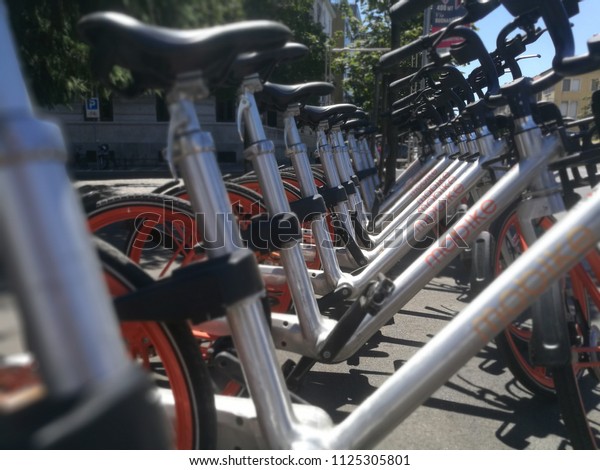 Milan,Italy-June 2018: Bike Sharing Service Bikes\
Row Parked in the city\
Center