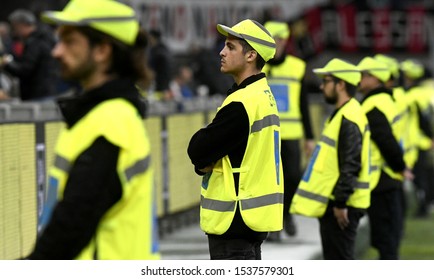 MILAN,ITALY-OCTOBER 20, 2019: soccer stadium stewards control the fans stadium, in Milan.