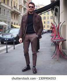 MILANO, Italy: 13 January 2019:Fashion Blogger Street Style Outfit Before DAKS Fashion Show, During Milano Fashion Week Man Fall/winter 2019/2020