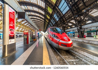 MILANO, ITALY - DECEMBER 12, 2018: TRENITALIA FRECCIAROSSA train waiting at Milano Centrale station