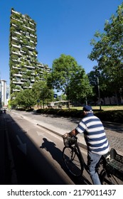 Milano, Italy. JUL 2, 2022. Bosco Verticale, view at the modern and ecological skyscraper with many trees on each balcony. Modern architecture, vertical gardens, terraces with plants