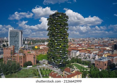 Milano, Italy - July 29, 2021: Vertical forest in Milan drone view. Aerial view of famous architectural complex Bosco Verticale in Milan Italy. Modern architecture, vertical gardens.