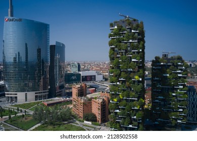 Milano, Italy - July 29, 2021: Modern architecture, vertical gardens, terraces with plants. Vertical forest in Milan drone view. Aerial view of Bosco Verticale in Milan Italy.