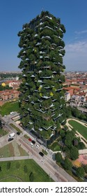 Milano, Italy - July 29, 2021: Modern architecture, vertical gardens. Vertical forest in Milan drone view. Aerial view of famous architectural complex Bosco Verticale in Milan Italy.