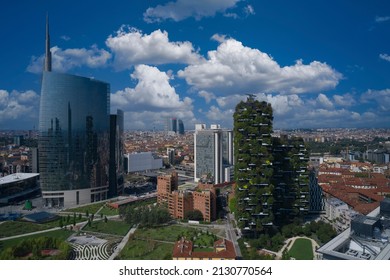 Milano, Italy - July 29, 2021: Aerial view of Bosco Verticale in Milan Italy. Modern architecture, vertical gardens, terraces with plants. Vertical forest, UniCredit in Milan drone view.