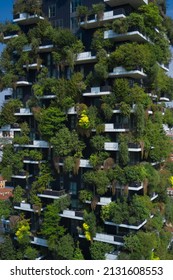 Milano, Italy - July 29, 2021: Modern architecture, vertical gardens. Vertical forest in Milan drone view. Aerial view of famous architectural complex Bosco Verticale in Milan Italy