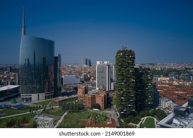 Milano, Italy - July 29, 2021: Aerial view of Bosco Verticale in Milan Italy. Modern architecture, vertical gardens, terraces with plants. Vertical forest, UniCredit in Milan drone view.