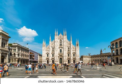 MILANO, ITALY - JULY 3, 2019: Duomo di Milano Cathedral in Duomo Square. (Piazza del Duomo or Duomo Square). Milano, Italy.
