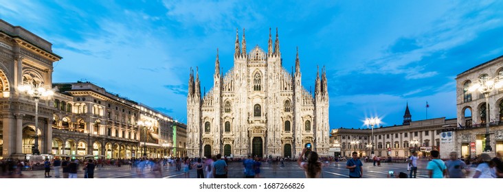 MILANO, ITALY - JULY 3, 2019: Duomo di Milano Cathedral in Duomo Square. (Piazza del Duomo or Duomo Square). Milano, Italy. 