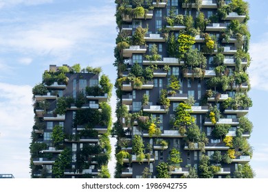 Milano, Italy. June 5, 2021. Bosco Verticale, a close up view at the modern and ecological skyscrapers with many trees on each balcony. Modern architecture, vertical gardens, terraces with plants