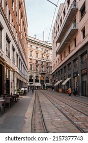 MILANO, ITALY - Mar 16, 2022: A vertical shot of an empty street near Piazza Del Duommo, Milano, Italy