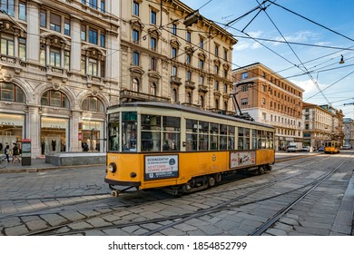 Milano, Italy - oct 16, 2020: Milano, Italy - oct 16, 2020: Yellow trams in the streets  Milano, Italy